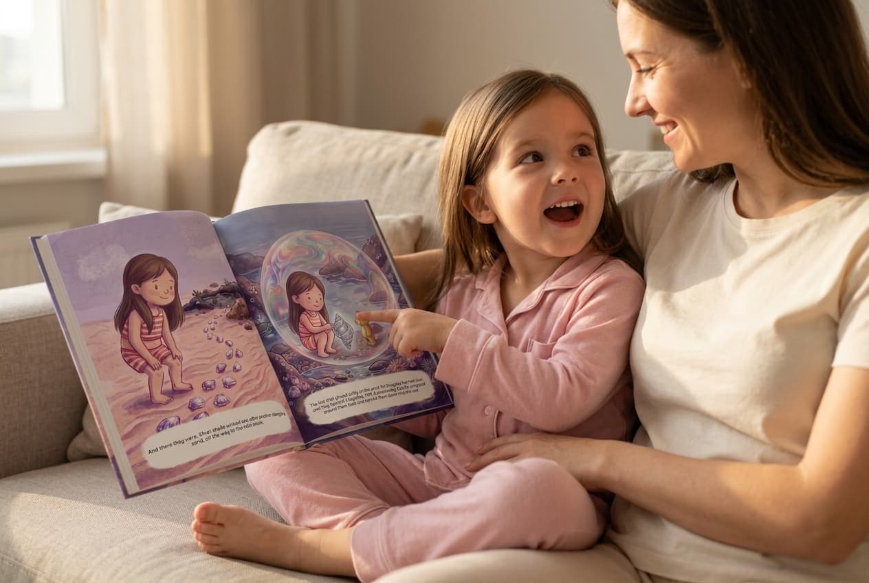 A little girl in pink pyjamas on a sofa, laughing and pointing at herself in her open personalized storybook, Pearl Sea, while her mother holds the book and smiles at her