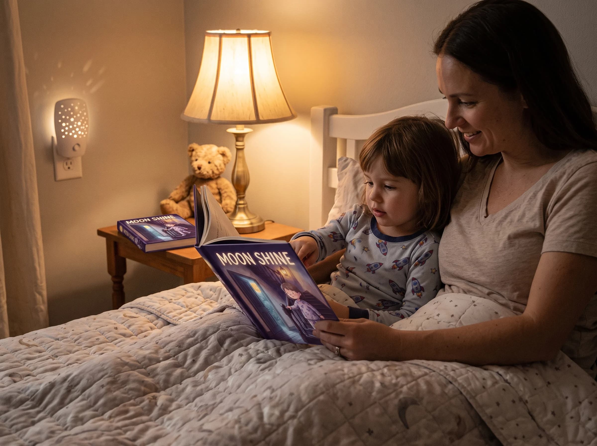 A parent and child reading their Made of Tales book at bedtime