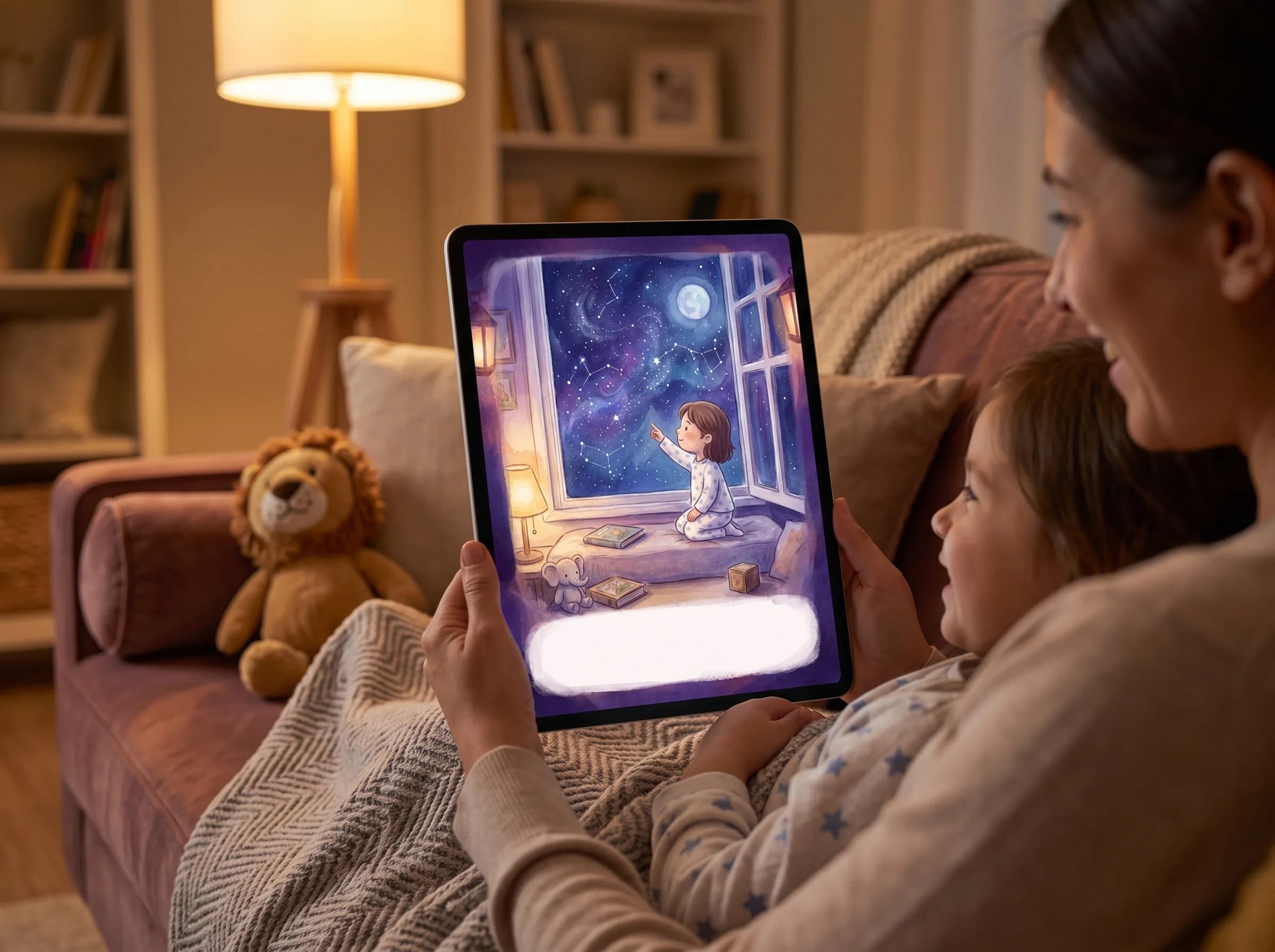 A parent and child reading a personalized Made of Tales story together