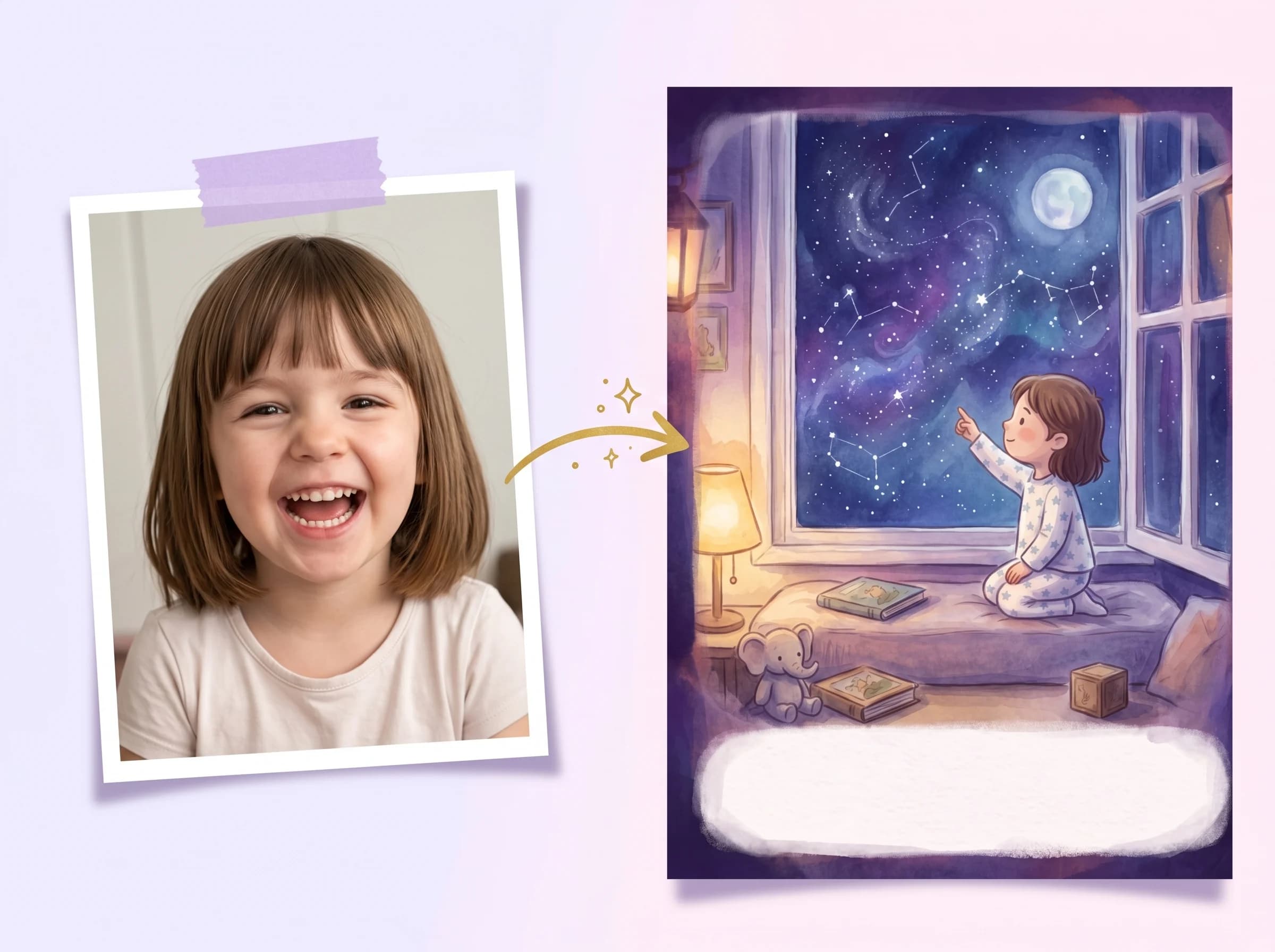 A real photo of a child becoming the hand-painted hero of their own storybook