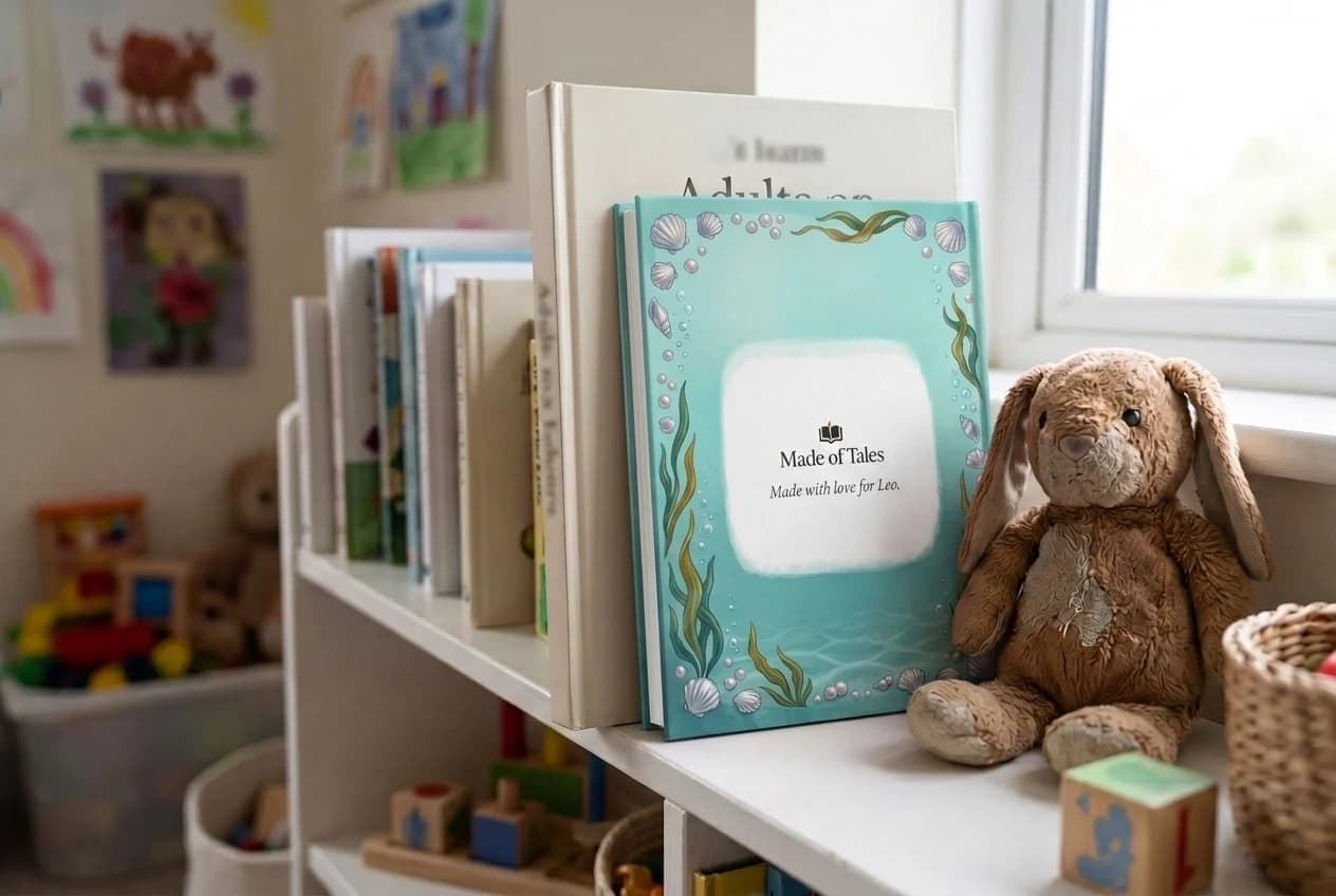 A personalized hardcover standing on a nursery shelf beside a plush rabbit