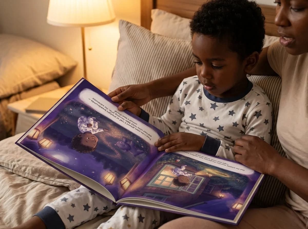 A child and a parent reading the child's personalized storybook in bed