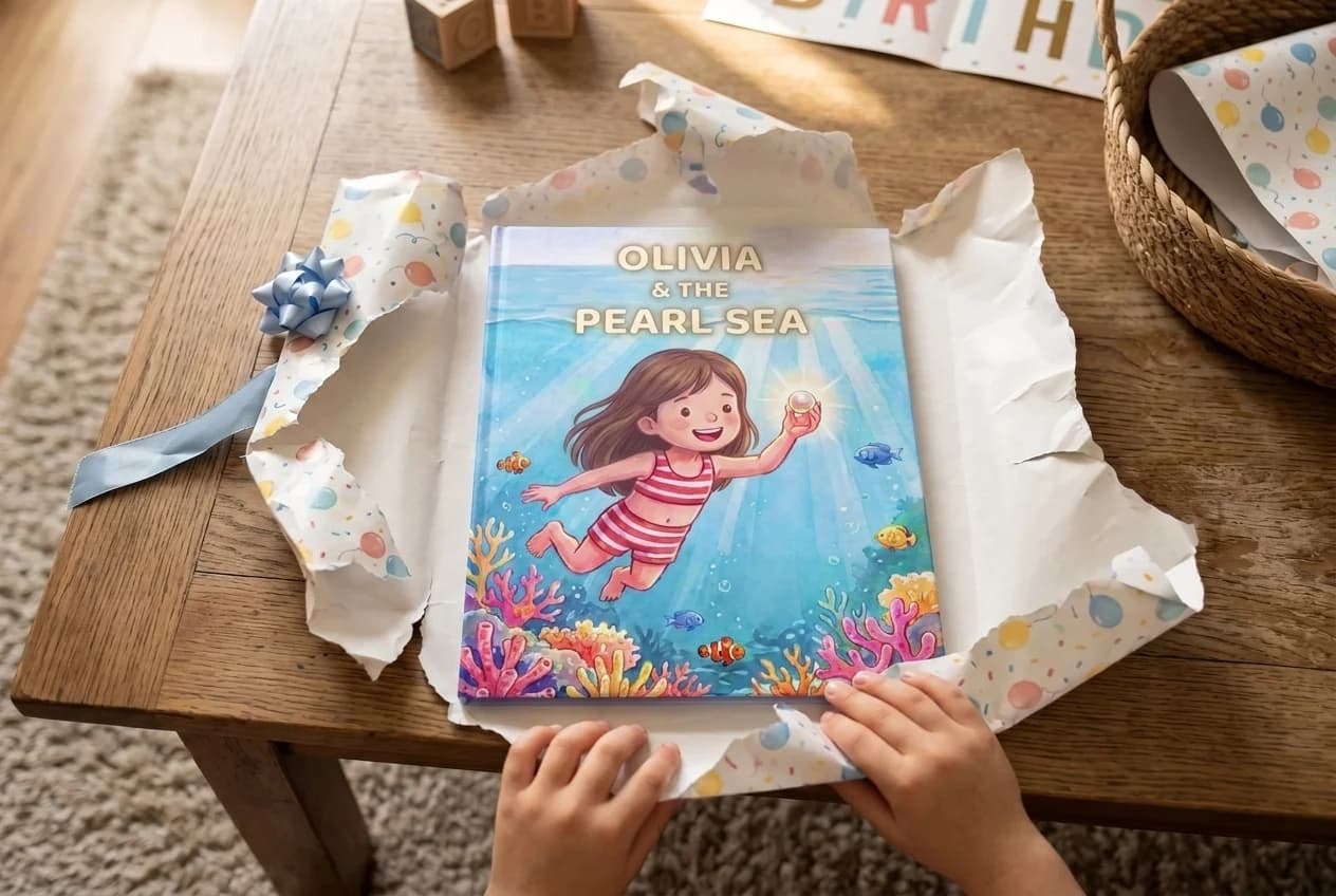 A child's hands on a freshly unwrapped personalized hardcover