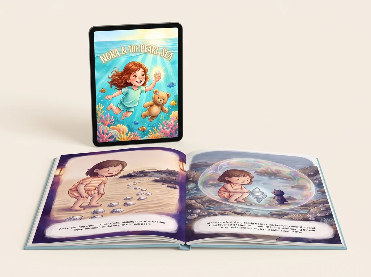 The hardcover lying open beside a tablet showing the same book